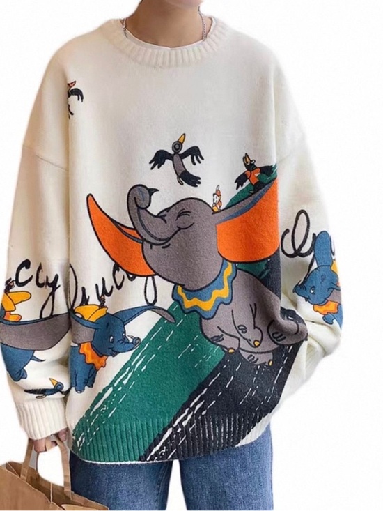 Sweaters - Cream Cartoon Elephant Oversized Sweater with Orange Accents